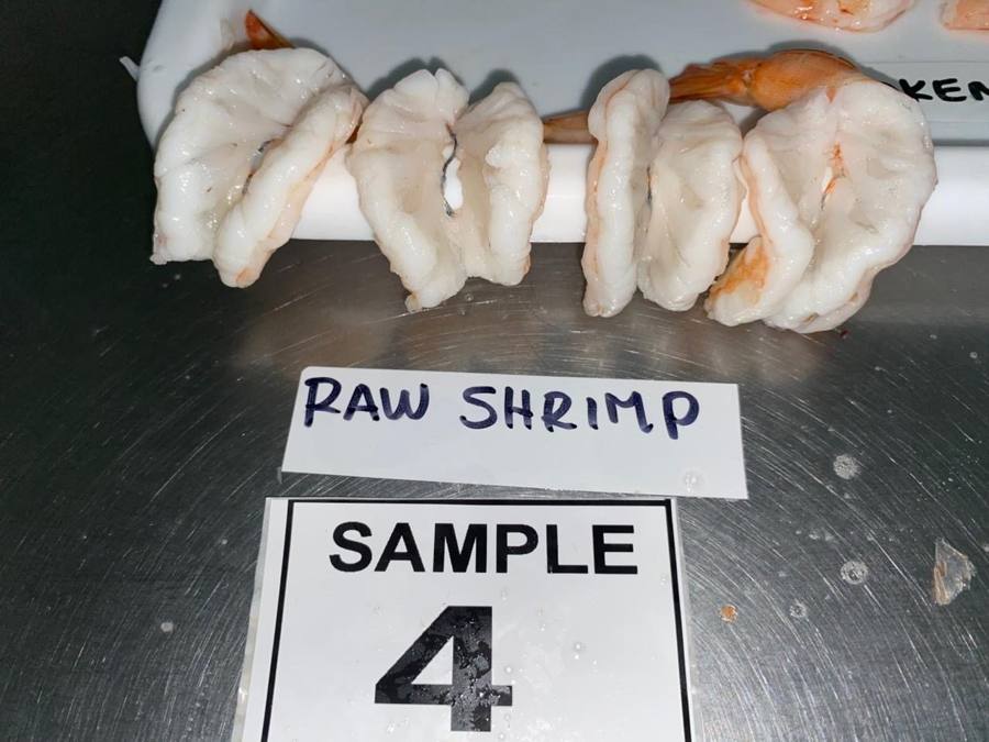 Prueba de cocción: centro crudo — inspección de camarón en Ecuador